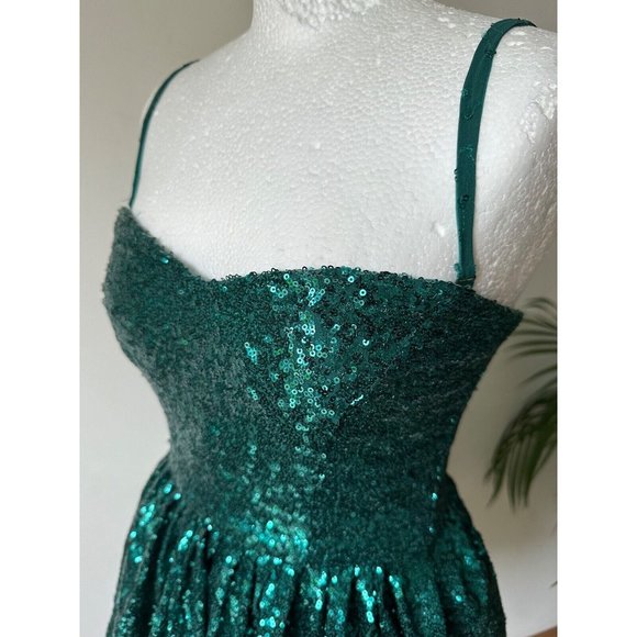 Stephanie Pratt Sequin Mesh Insert Mini Skater Dress Size 10 Emerald - Picture 2 of 4